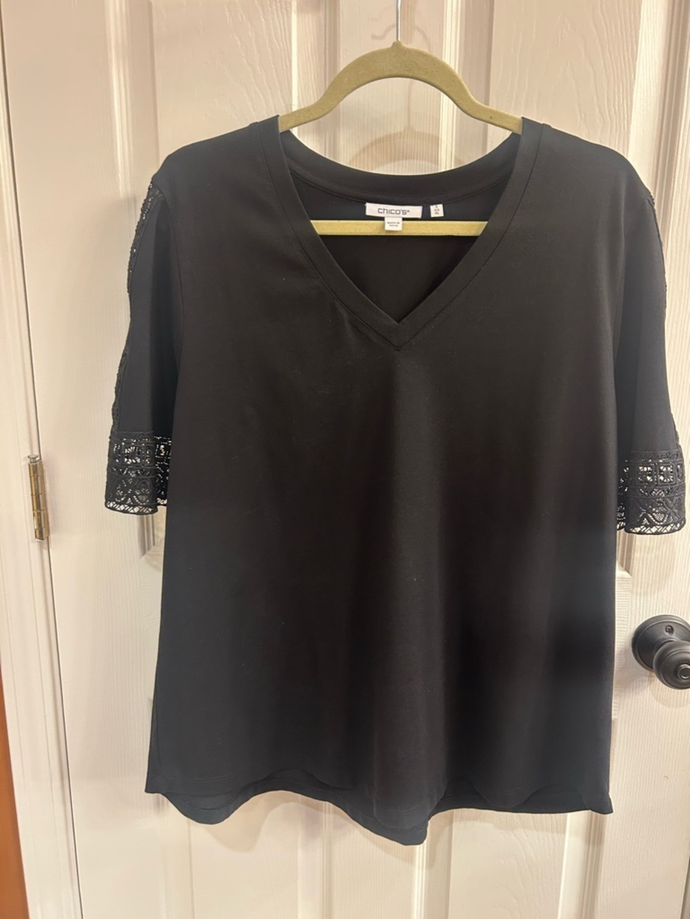 Chico’s Size 3 Black Knit Top with Lace Sleeves